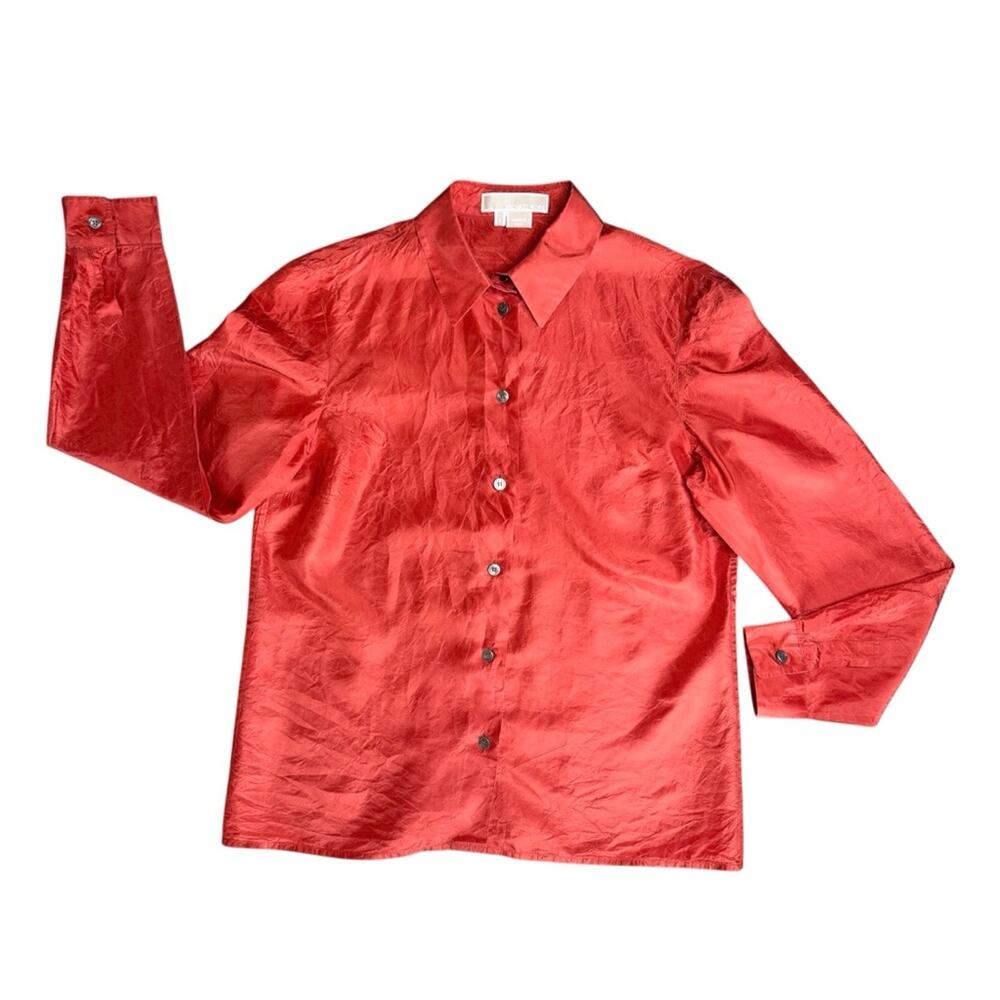 MICHAEL KORS Orange Red Crinkle Silk Button Front Shirt